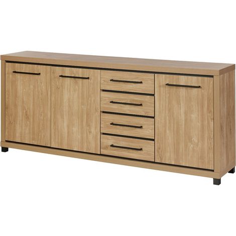 Buffet 3 portes 4 tiroirs aspect bois finition Houston Oak poignées métal noires - VASALY (1/5)