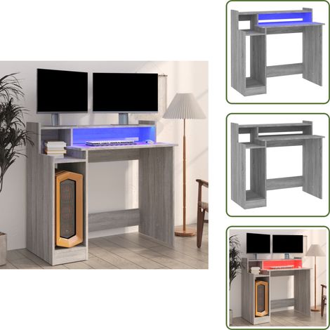Schreibtisch mit LEDs Grau Sonoma 97x45x90 cm Holzwerkstoff - Bürostuhl - Schreibtischlampe - Home Office - Arbeitsplatzgestaltung - Ergonomischer Stuhl (1/5)