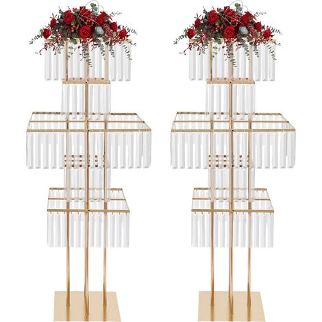 Lot de 2 supports de fleurs de mariage à 5 niveaux (hauteur 125 cm) – Support décoratif en fer galvanisé avec pampilles en cristal acrylique, pour centres de table, banquets, allées de cérémonie ou po (1/5)