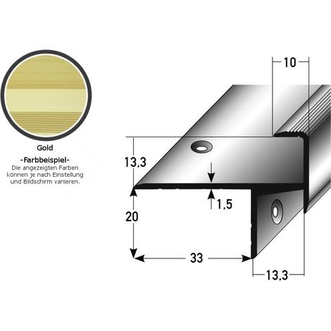 Laminat-Parkett-Treppenkante / Winkelprofil "Cardale", Einfasshöhe 13,3 mm, 33 mm breit, Aluminium eloxiert, gebohrt-goldfarbig-1000