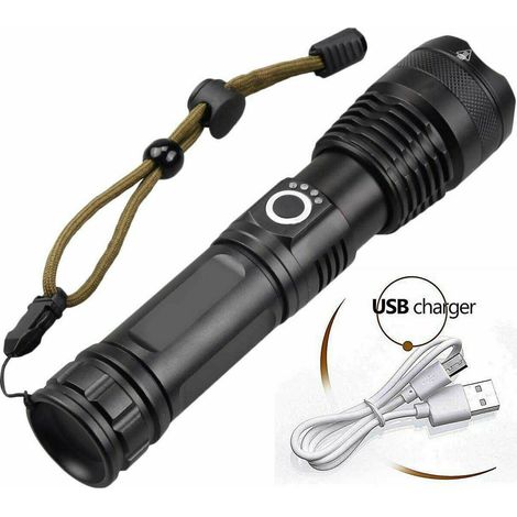 Lampe de poche à lumière puissante charge USB zoom télescopique longue portée P70 pour la conduite de nuit, le camping (1/5)