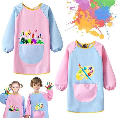 Tablier Peinture Enfant - 2Pcs - Étanche avec Manches - Blanc - Rose - 7 à 12 ans (1/4)