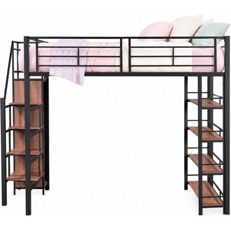 Lit mezzanine 140x200 en métal noir avec escalier de rangement, penderie, étagères, garde-corps élevé et espace sous lit, gain de place pour chambre ado, CHICFURN (1/5)
