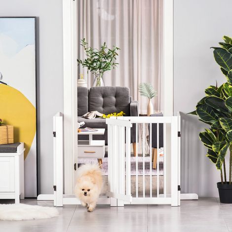 Barrière pour chien, barrière de sécurité autoportante avec pieds, 204 x 75 cm, en bois, pour escaliers, portes, cuisine, couloir, 4 panneaux, blanche (1/5)