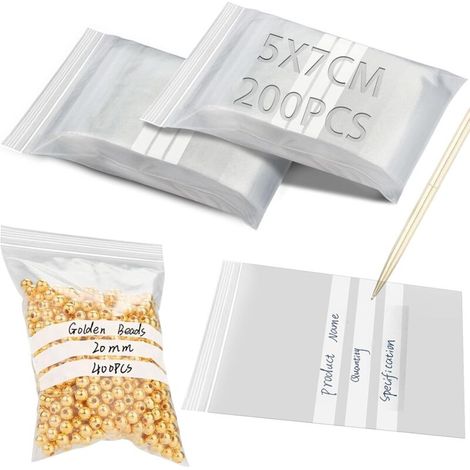 200 Pièces Pochon Plastique 5x7cm Sachet Zip avec Panneau d'Écriture Sachet Transparent Sachet Plastique Transparent Zip Refermables Pochette Zip pour Ranger des Échantillons Nourriture Bijoux (1/5)