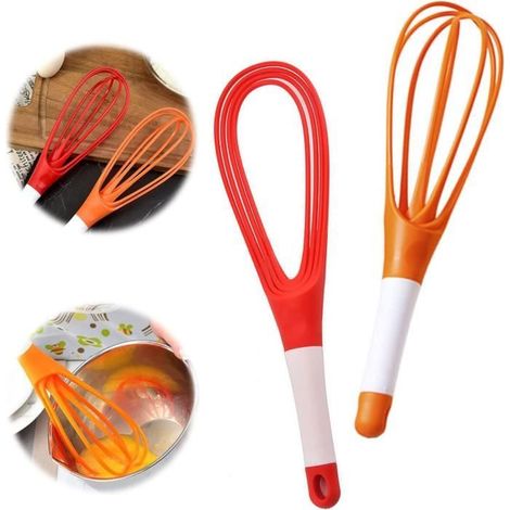 2PCS fouets pliables en silicone 2 en 1, rotatifs,mélangeur pour œufs, beurre, ustensiles de cuisine antiadhésifs pour cuisiner (1/4)