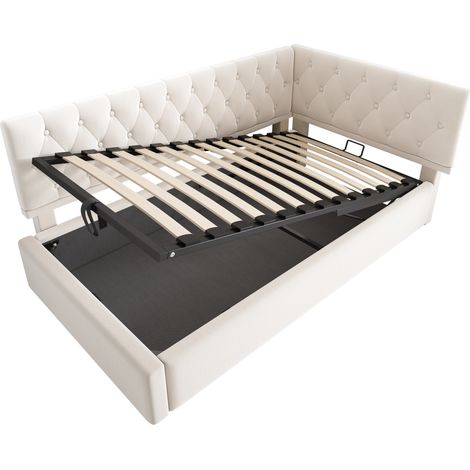 Cama con canapé 90 x 190 cm de terciopelo beige, cabecero reversible, sin colchón (1/5)