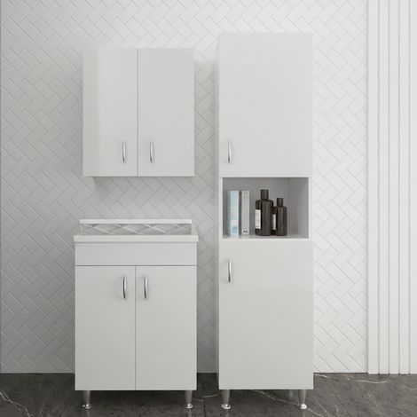 Set lavanderia con lavatoio colonna e pensile in legno bianco Fedra (1/5)