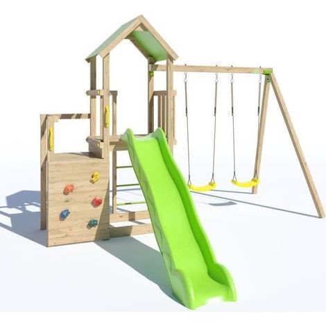 Trigano – Portique en bois avec toboggan 2,63 m et mur de grimpe – Structure en bois naturel – Pour 8 enfants – Hauteur 2,20 m (1/10)