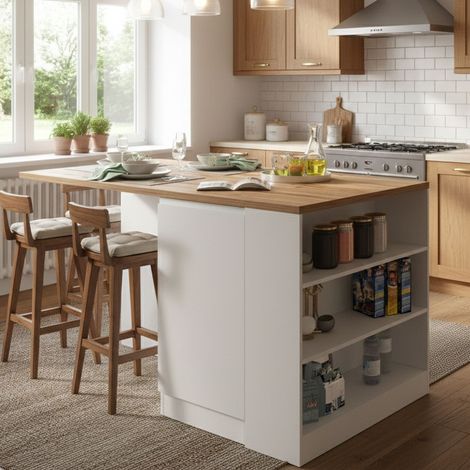 Dmora - Isla de cocina Osvaldo, mesa auxiliar de almacenaje, mueble de cocina con 2 puertas, 100% Made in Italy, 160x90h90 cm, blanco brillo y roble, con embalaje reforzado