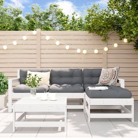 Salon de jardin 5 pcs avec coussins blanc bois massif (1/5)