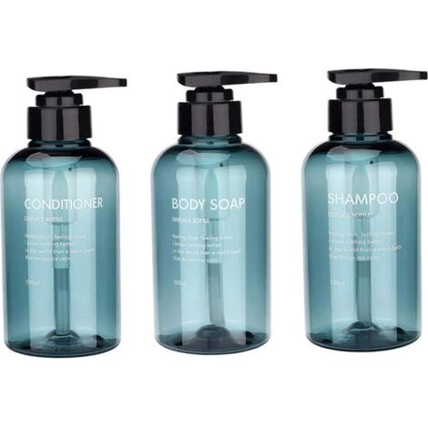 Flacons pompe - 3 pièces - Distributeurs de shampoing - Distributeur de savon - Plastique - Distributeur à pompe - Pompe à savon - Rechargeable - Avec étiquettes - Pour après-shampoing, gel douche et (1/5)