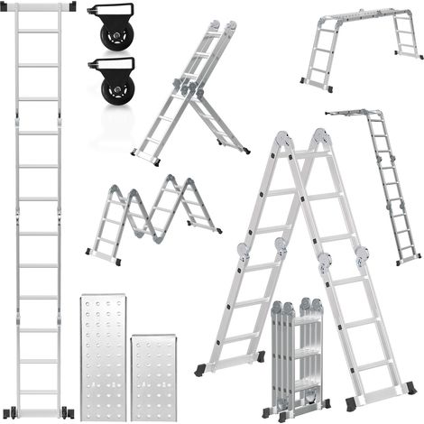 TolleTour Leiter Mehrzweckleiter Alu Gelenkleiter Klappleiter 360cm Multifunktionsleiter Aluleiter Mit Plattform Bis 150KG 4 X 3 Stufen Silber