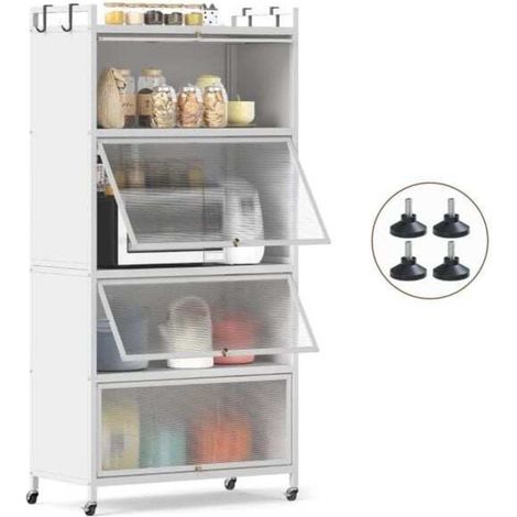 Armoire de rangement métal blanche 5 niveaux, portes relevables semi-transparentes, meuble de cuisine avec crochets (1/5)