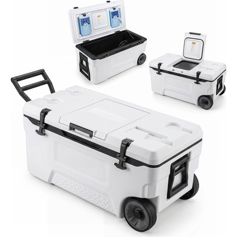Glacière, Poignées et Roulettes Transport, Glacière Portable de 70L, Orifice de Sortie, Emplacement du Gobelet, Garder la Glace Jusqu'à 6 Jours, Blanc (1/5)