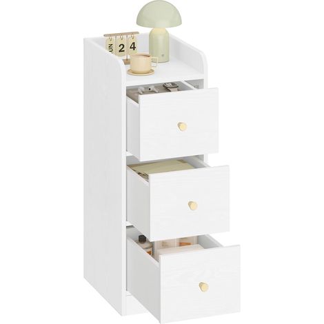Comodino, Tavolino Stretto con 3 Cassetti, comodino con protezione superiore, per spazi ristretti, per Camera da Letto, Soggiorno, Bianco con venature del legno (1/5)