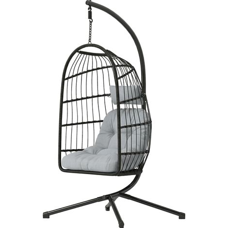 Fauteuil Œuf Suspendu Pliable avec Support Coussin 15cm et Appui-tête Gain de Place Résine Tressée 101x105x196cm Gris