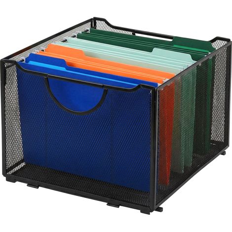 Relaxdays caja para carpetas colgantes, 26 x 39 x 34 cm, con asas, acero, apilable, negra