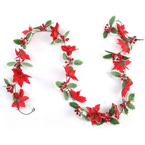 Guirlande De Poinsettia - 2,5 M - Feuilles De Houx Vert Foncé Et Baies Rouges - Décoration De Noël Pour Intérieur Et Extérieur - 1 Pièce (1/5)