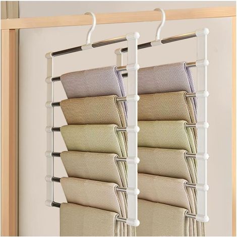 Lot de 2 Cintres Pliable Pantalon en Acier Inoxydable,Cintre Jeans Gain de Place,Pants Rack,Porte-Pantalons Multifonctionnel,Cintre Pantalon Antidérapant,Cintres Pantalons 6 en 1 pour Écharpes (1/5)