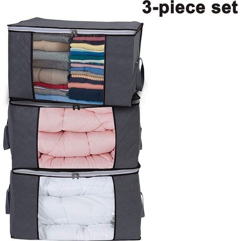 Lot de 3 sacs de rangement pour vêtements, grande capacité, pour couvertures, couettes, draps et vêtements. Tissu pliable à 3 couches, fermeture éclair n° 5, poignée renforcée, fenêtre transparente.