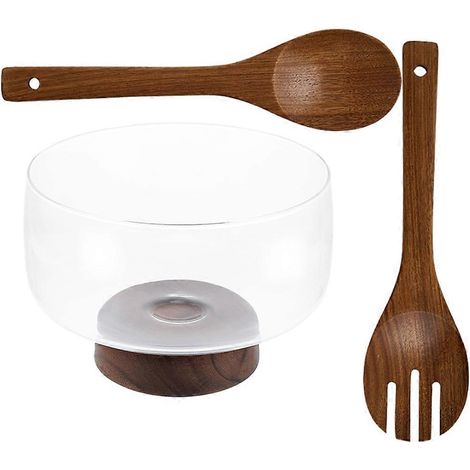 Ensemble de 1 grand bol à fruits et à salade en verre avec base en bois (1/5)