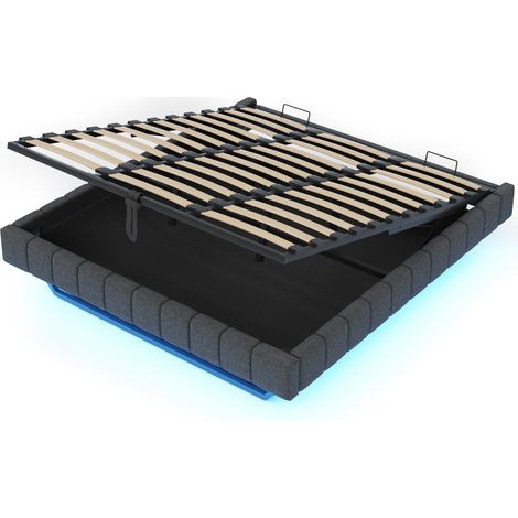 Polsterbett 180x200 cm schwebend mit LED, ohne Kopfteil, grauer Leinenbezug (1/5)