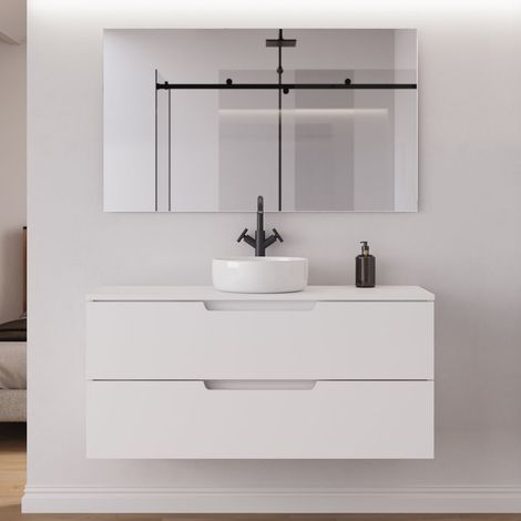 Meuble de salle de bain 120cm avec plateau et vasque à poser ronde - 2 tiroirs - blanc mat - SONRIZA (1/5)