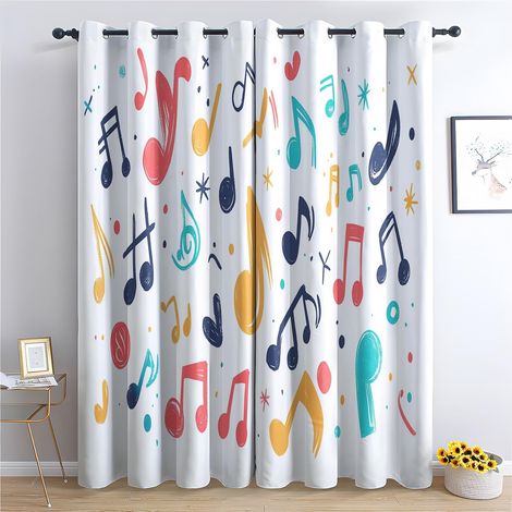 Rideau Occultant Musique - Décoration Musique, Rideau Thermique Motif Enfant Notes Musical Coloré, Lot de 2 Rideaux Opaque à Oeillets pour Fenetre Chambre Salon, 140x160 cm (LxH) Q499 - 2x L 140 X H 1 (1/5)