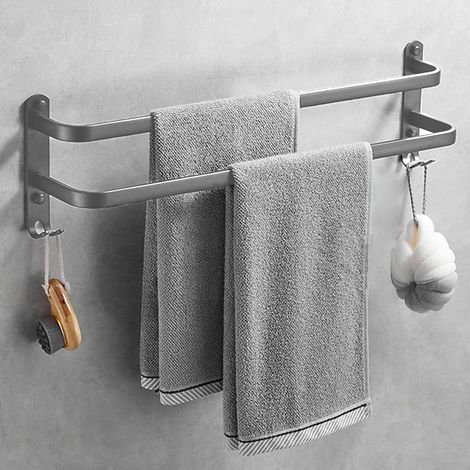 1 Porte-serviettes 60 cm Aluminium, Double barre murale, Gris, Pour salle de bain et cuisine (1/5)