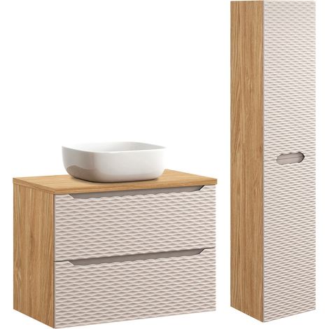 Ensemble meuble simple vasque 80cm et colonne Elora Beige et bois (1/5)