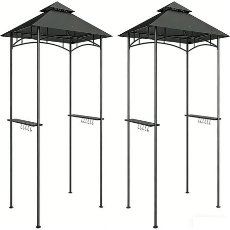 2er-Set  grillpavillon mit LED 240 x 150 x 258 cm wasserabweisend flammhemmend Gartenpavillon mit Doppelschichtdach, Seitenregalen, Gartenlauben mit UV-Schutz, BBQ Pavillon für Party BBQ Dunkelgrau
