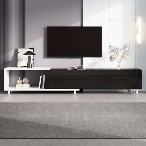 Meuble TV 258 x 38 x 48.5cm extensible 3 portes haute brillance pieds métal charnières silencieuses design moderne fonctionnel salon chambre (1/5)
