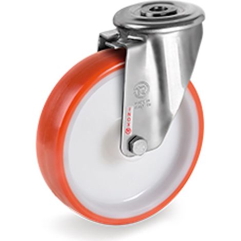 Roulette à oeil INOX pivotante diamètre 80 mm roue polyuréthane rouge - 120 Kg (1/2)