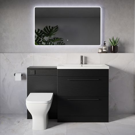 Napoli 390 Nero Oak 1300mm 2 Drawer Vanity Unit Toilet Suite with Glide Basin - 1300mm - Gunmetal Grey 480mm HandleWith Kingston Toilet Pan and Seat