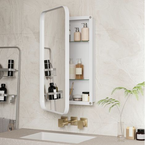 Mueble espejo 76 x 51 x 12 cm con marco metálico, 2 estantes de vidrio, blanco HAVRYA (1/5)