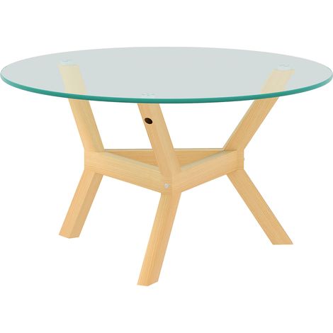 Table basse ronde verre trempé – Cadre acier, patins réglables, transparente, Ø80x45 cm