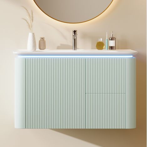 Mueble de lavabo suspendido 80.5x47.05x51 cm con estructura vertical, LED con sensor, MDF y cerámica verde (1/5)