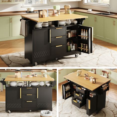 Îlot de cuisine multifonctionnel avec table à manger réglable, portes à motifs verticaux, nombreux rangements avec tiroirs, plateau rabattable double face et buffet/vaisselier sur roulettes (1/5)