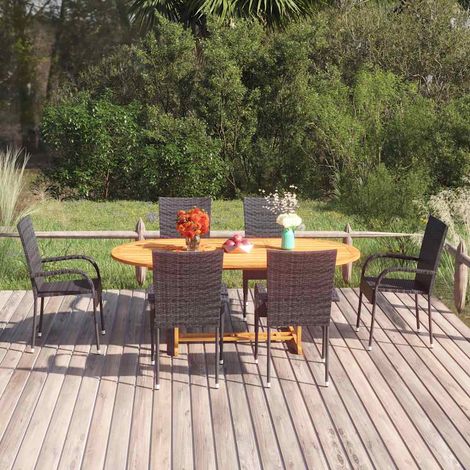 Ensemble repas de jardin 7 pièces, table en acacia et 6 chaises noires en résine tressée - PANGIVO (1/5)