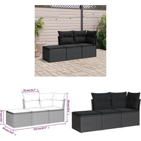 Salon de jardin 3 pcs avec coussins noir résine tressée - Salon De Jardin - Mobilier De Jardin - Salon Extérieur - Ensemble De Canapés - Canapé D'angle - Home & Living (1/3)