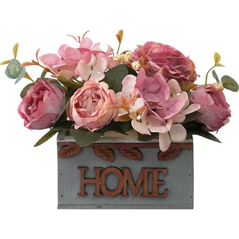 Fleur en pot factice rose foncé hortensia pivoine artificielle simulée plastique PP et bois déco jardin bureau café (1/2)