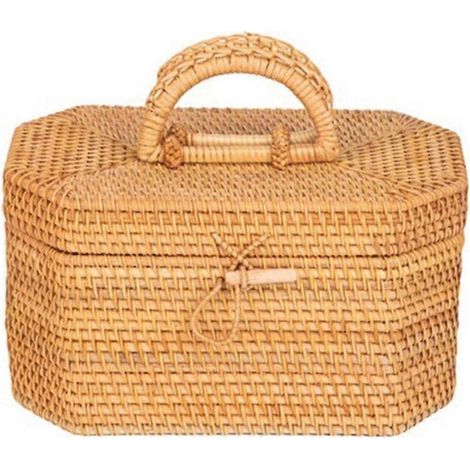 Boîte de rangement en rotin tressé à la main avec poignée, contenant pour thé et aliments, panier à pain et fruits pour pique-nique, boîte décorative (1/5)