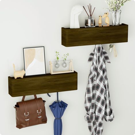 Porte Manteau Mural Bois, Patères Portemanteaux pour Entrée, Lot de 2 Meuble Entrée, Vestiaire Flottant, Étagère Suspendue, pour Chambre, Salle de Bain, Marron Foncé (1/5)
