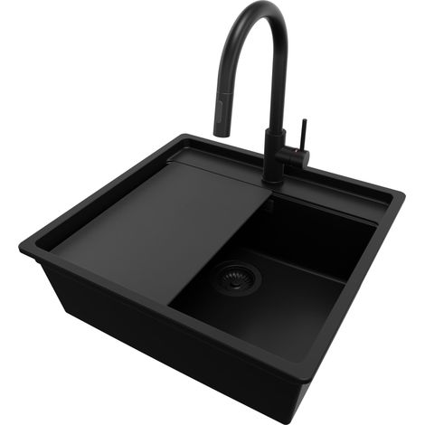 PRIMAGRAN Evier Cuisine en Granit 56x53cm, Lavabo 1 bac + Robinet 40x20cm + Kit de Vidage + Accessoire, Évier à Encastrer au meuble 60cm - Bergen, Tout Noir (1/5)