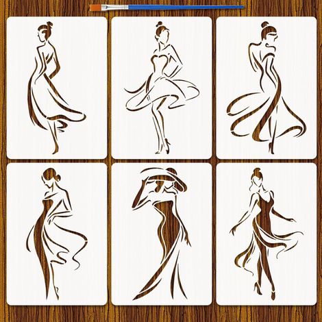 6Pcs Pochoirs Femme Élégante Avec Pinceau, 29.7x21cm Réutilisable Femme Aux Lignes Simples Pochoir Silhouette Dame Modèle pour Peinture sur Mur Bois Meuble Tissu DIY Décor Maison (1/5)