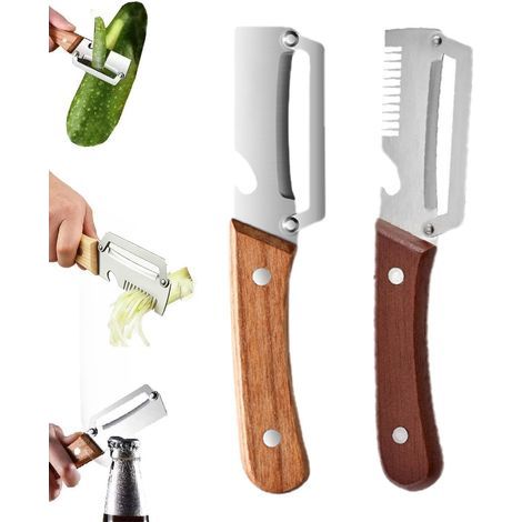 Éplucheur multifonction 2 pièces en acier inoxydable – Manche en bois ergonomique – Ouvre-bouteille et couteau intégré – Pour cuisine et camping – Grasslin
