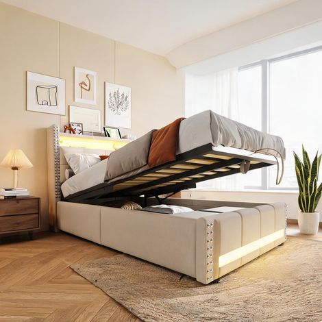 Cadre de lit beige en upholstered 224 x 100 x 115 cm (1/5)