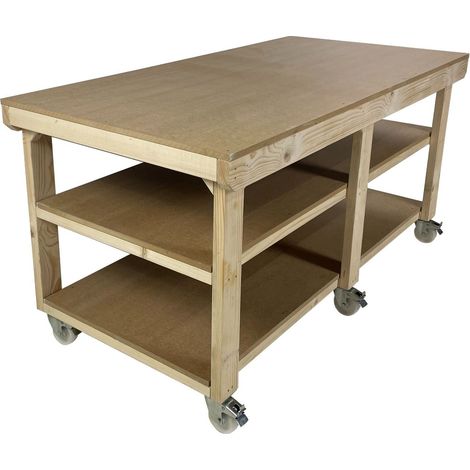 Workbench MDF top, large heavy-duty table (H-90cm, D-90cm, L-240cm) with wheels and double shelf