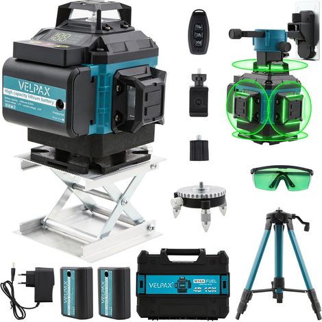 Niveau Laser, Niveau Laser 4D 16 Lignes avec Trepied, 360° Horizontal/Vertical Autonivelant, Lignes Laser Chantier avec 2×2400mAh Batterie & Affichage LED, IP54 Étanche et Anti-Poussière (1/5)
